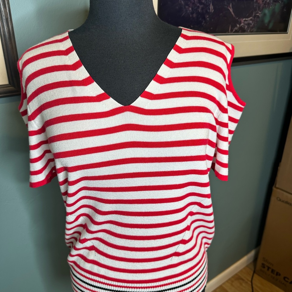 Joseph A Red and White Cold Shoulder Striped Sweater Patriotic Suze Large